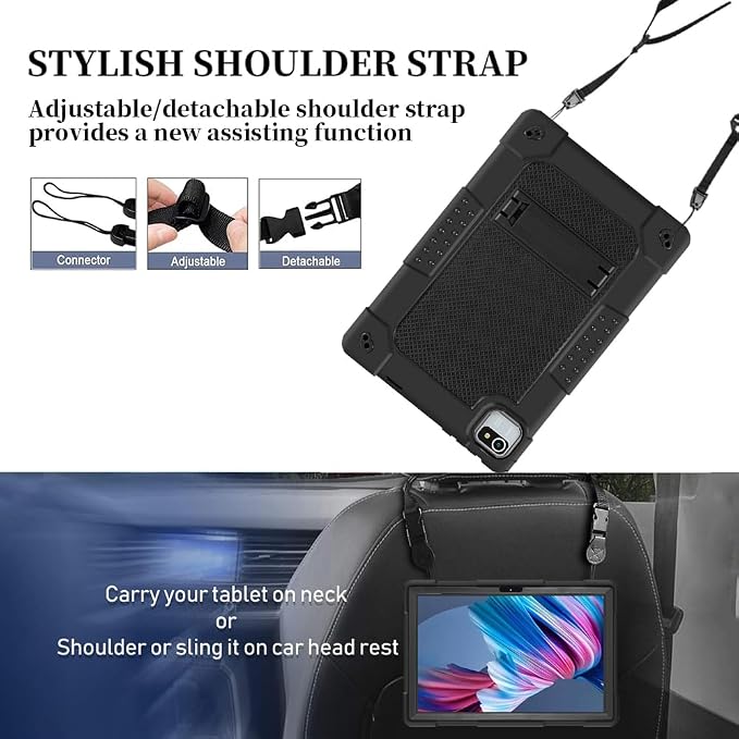 Compatible with aiprotablet C20e / MB1001 10 Inch/ZZB 10 Inch Tablet Case Kids Friendly Shockproof Shoulder Strap Shell for CZZ/Okaysea 10.1/HAPPYBE/ANYLAKE/Velorim Tablet (Black/Black)
