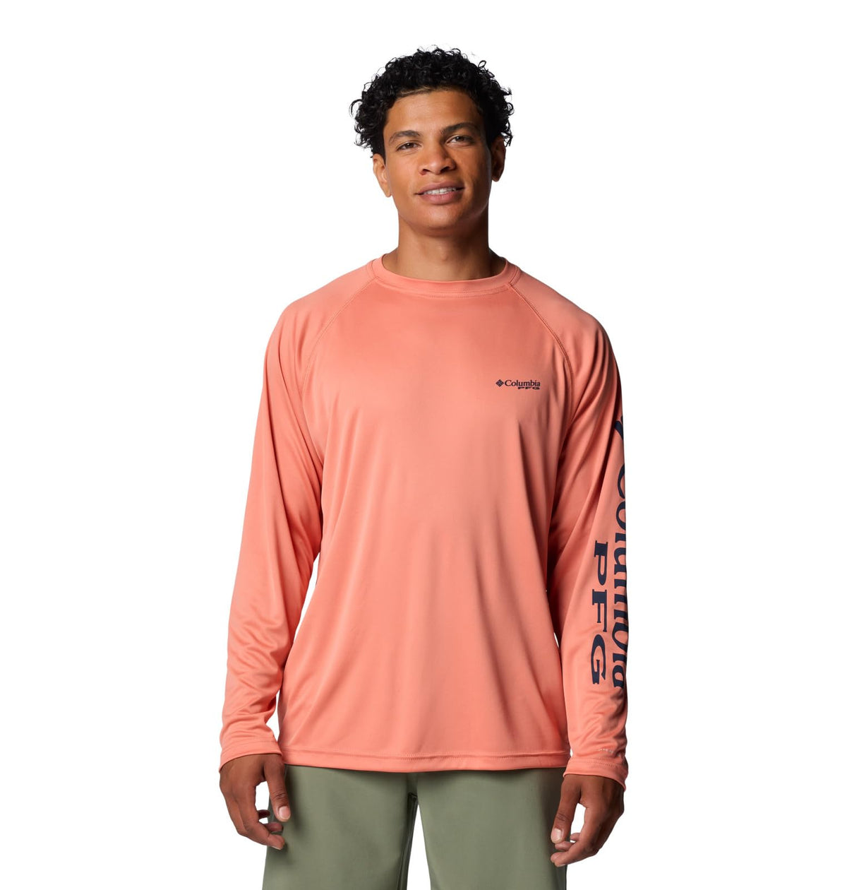 Columbia Men's Terminal Tackle Long Sleeve Shirt, Faded Peach/Collegiate Navy Logo, X-Large Tall