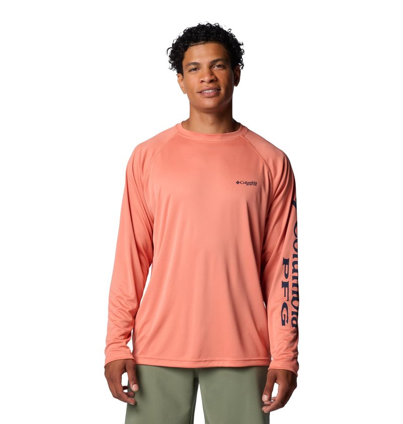 Columbia Men's Terminal Tackle Long Sleeve Shirt, Faded Peach/Collegiate Navy Logo, Large