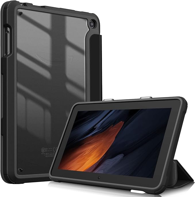 Fintie Hybrid Slim Case for Fire 7 12th Generation 2022 Black | Shockproof Clear Back Shell With Flexible TPU Bumper Soft Microfiber Lining Magnetic Closure Auto Sleep/Wake