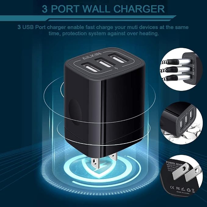 Wall Charger AILKIN 3.1A MultiPort Fast Charger Plug Travel Home Power Adapter Quick Charging Block Base Boxed for iPhone 15 14 13 12 11 10 8 7 Pro Max Mini Samsung Galaxy Pixel Kindle USB Brick