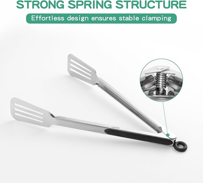 Lebabo Tongs for Cooking, Set of 2 Metal Spatula Tongs for Grilling, Black