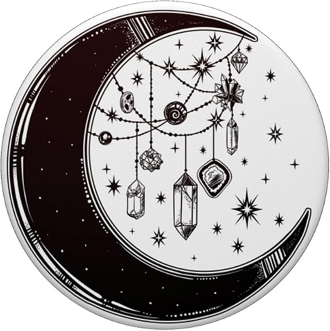 Crescent Moon with Stars with Witch Crystals - Black &amp White PopSockets PopGrip: Swappable Grip for Phones &amp Tablets