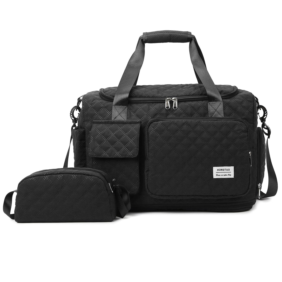 Black Weekender Travel Bag for Women with Shoe Compartment, Waterproof Extendable Travel Duffle Bag, Overnight Gym Tote Bag, Carry On Bag with Toiletry Bag
