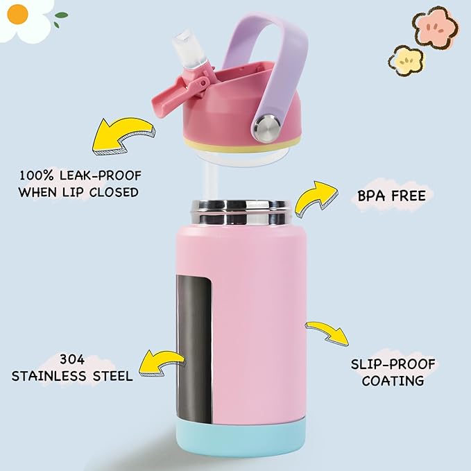 Kerilyn 12oz Insulated Water Bottle, Stainless Steel Insulated Kids Water Bottle, Toddler Cup with Straws Leak-Proof, Kids Water Bottles for School Boys Girls, BPA Free, Charm Pink