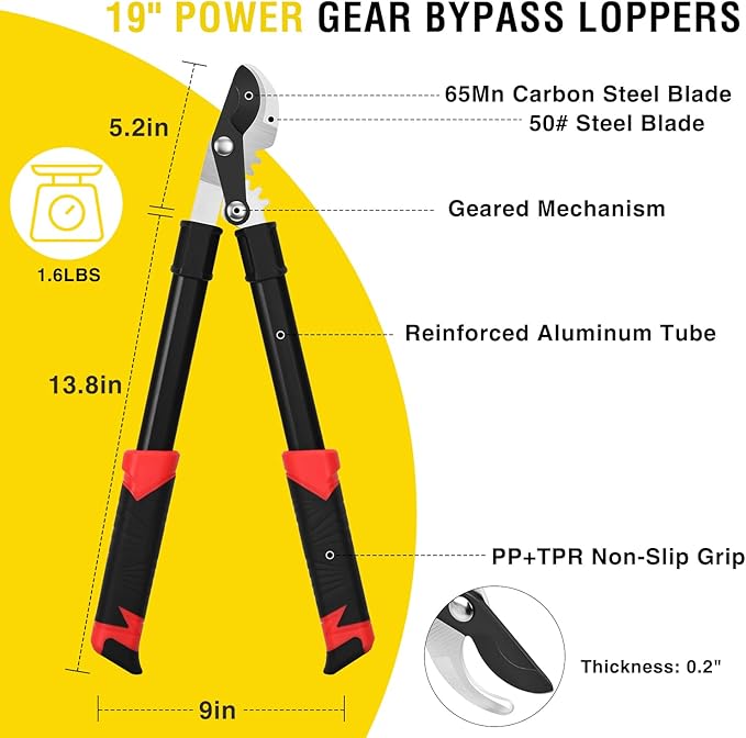 Yesker 19" Loppers Heavy Duty Branch Cutter Sharp Steel Blade Tree Trimmer up to 1" Diameter Cut Capacity Powerful Gear Action Lightweight Bypass Loppers Tools for Tree Trimming Garden Maintenance