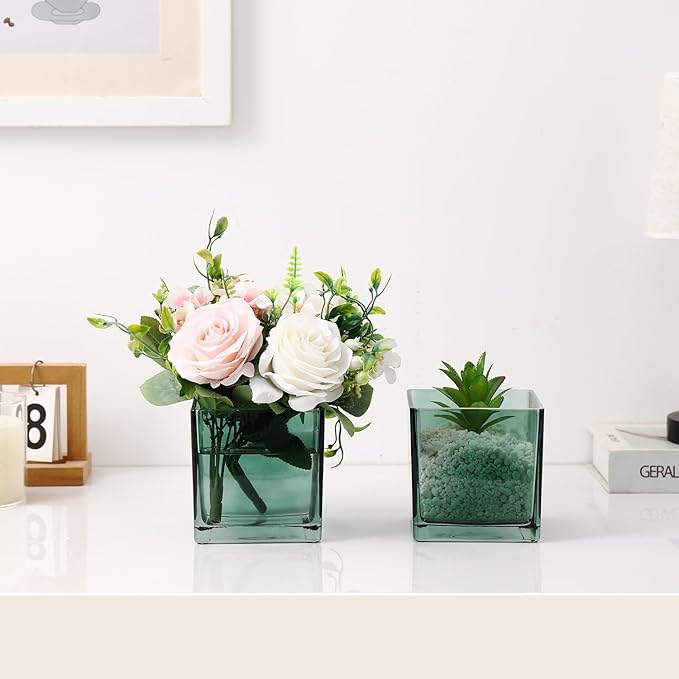 MARTAGE Square Green Glass Vases Set of 2, 6" x 6" x 6" Square Vase for Centerpieces, Flower Vases for CenterpieSquare Vaseces, Small Vase for Wedding, Party, Home Office Decoration