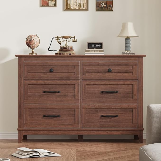 GarveeHome 6 Dresser for Bedroom, 47 in Wide Drawer Dresser with Storage Freestanding, Wooden Closet Storage Chest for Living Room, Bedroom, Entryway, Walunt