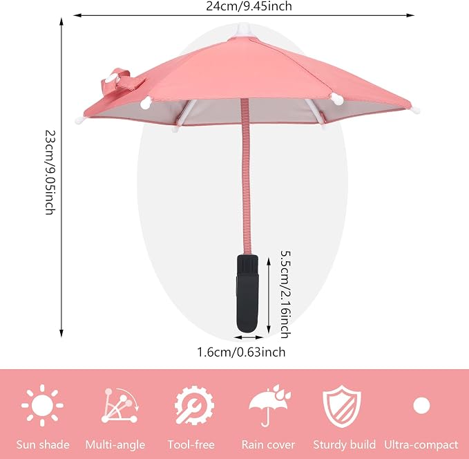 Mini Clip-on Phone Umbrella for Sun Flexible Adjustable Handle Cell Phone Umbrellas Sun Shade Protects from Sunlight and Glare Universal Fit for All Smartphones Black