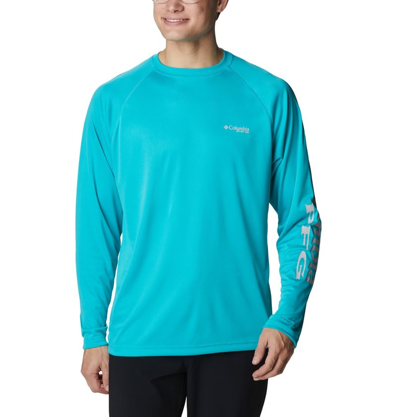 Columbia Men's Terminal Tackle Long Sleeve Shirt, Turquoise/Cool Grey Logo, X-Large Tall