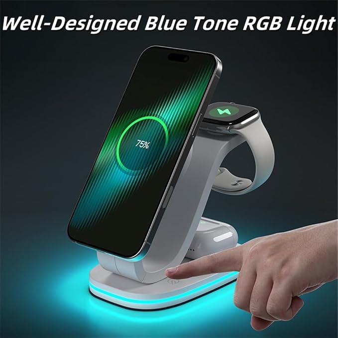 3 in 1 Wireless Charging Station for Apple/Huawei/Samsung Devices 15W Fast Wireless Charger with Blue RGB Light for iPhone 16/15/14/13/12 Apple Watch &amp Airpods Etc.Black