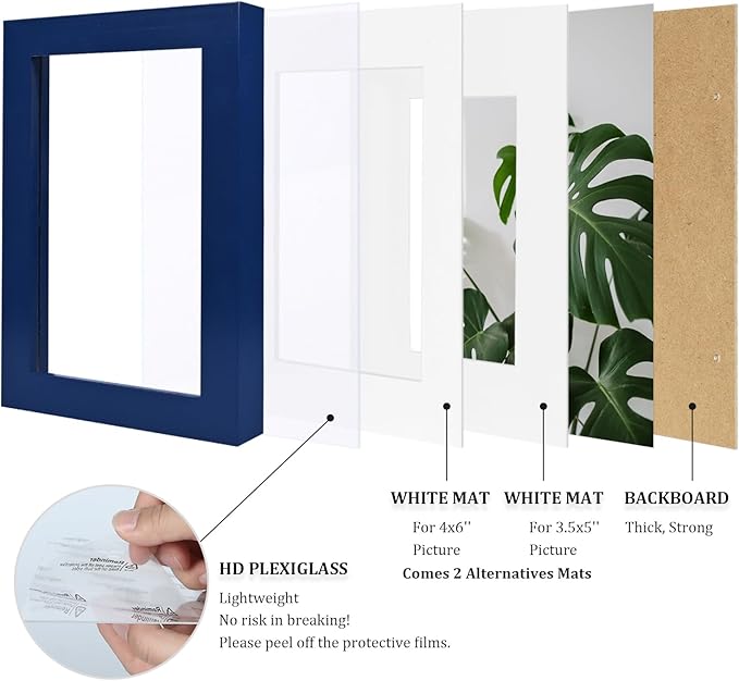 Egofine 5x7 Picture Frame Made of Solid Wood,Covered by Plexiglass Display Pictures 3.5x5/4x6 with Mat or 5x7 Without Mat for Table Top Display and Wall Mounting Photo Frame, Navy Blue