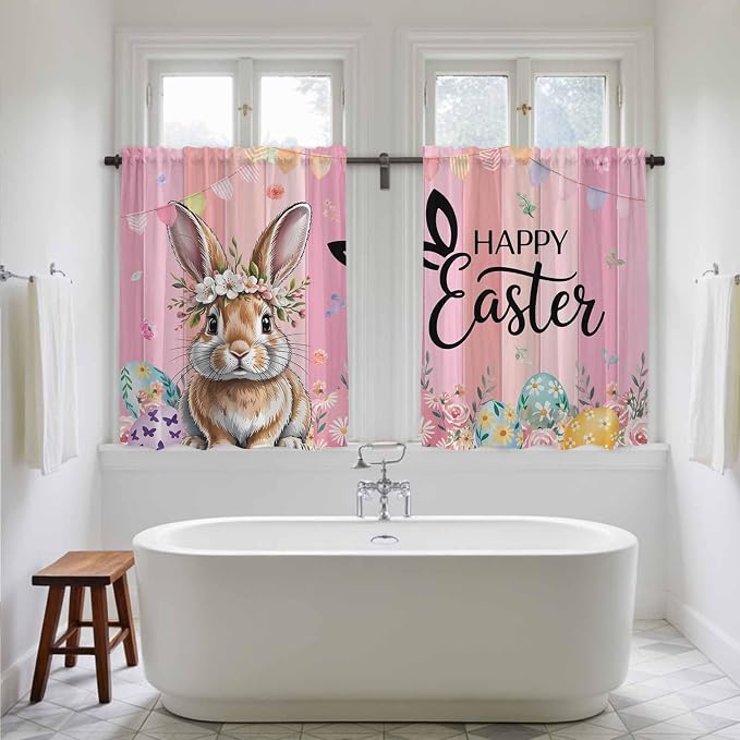 Easter Tier Curtains, Spring Rabbit Eggs Flowers Flags Leaves Wood Grain Light