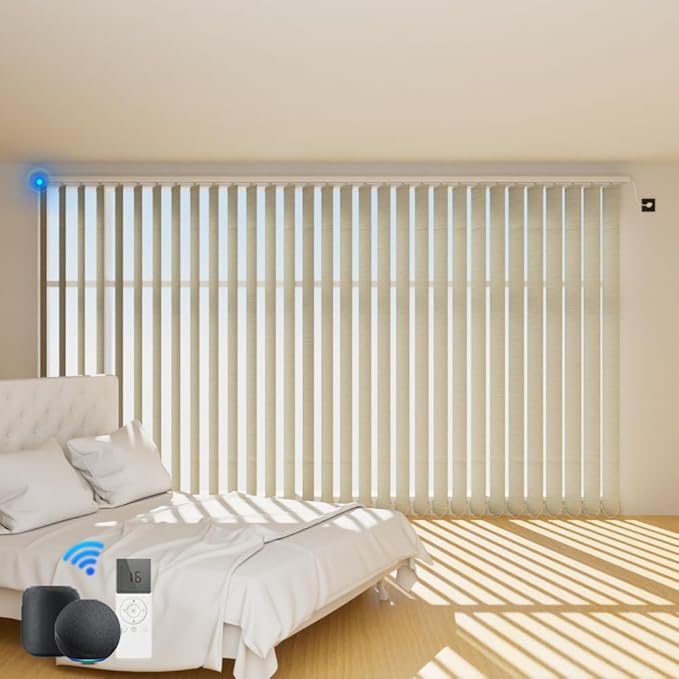 Blindify Motorized Vertical Blinds Compatible with Alexa Google Home, Blackout Sliding Door Shades Smart Vertical Blinds Remote Control Customize, Beige