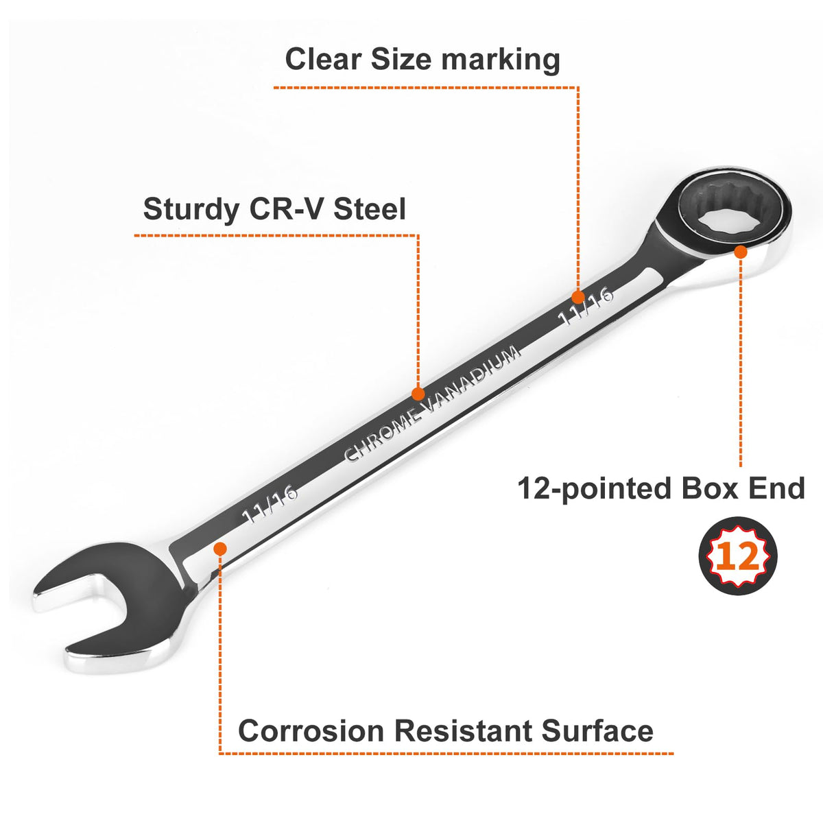 Egofine 11/16 inch Ratcheting Combination Wrench SAE, Industrial Grade Gear Spanner with 12-Point Design, 72-Tooth Ratchet, Chrome Vanadium Steel