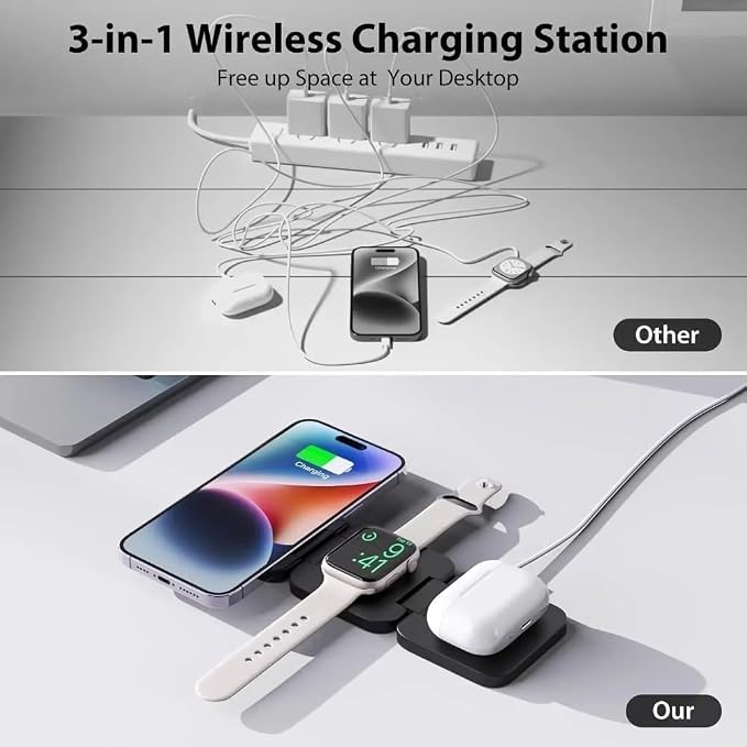 3 in 1 Magnetic Wireless Charger Stand Fast Charging Dock for iPhone 16 15 14 13 12 Compatible (Black)