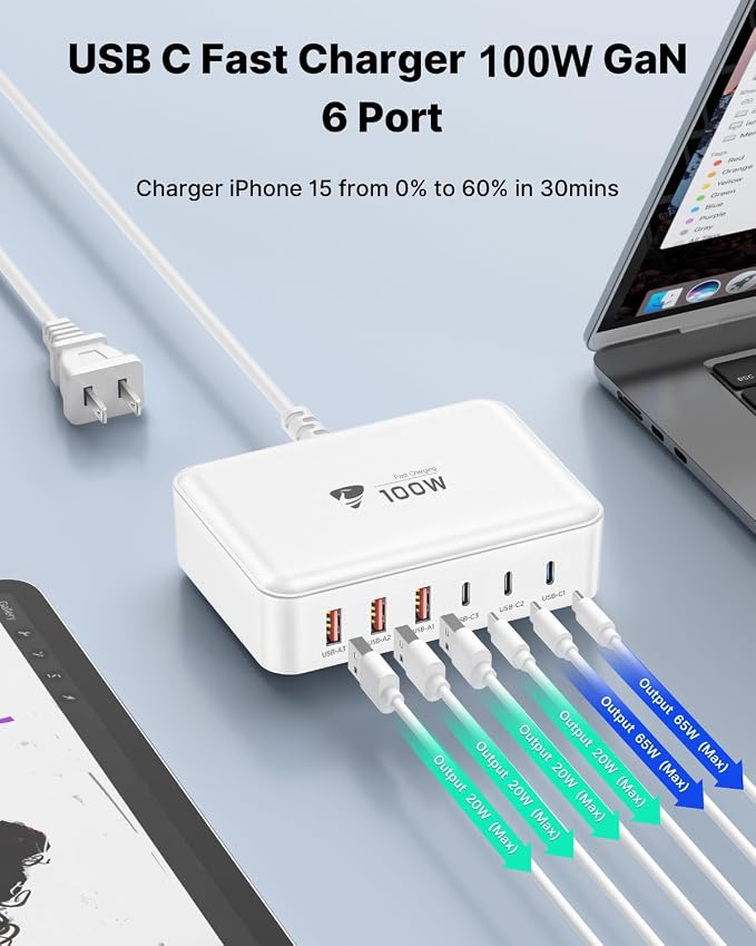 USB C Fast Charger 100W GaN 6 Port USB C Fast Charging Station Hub Block Cube QC USB A and PD USB C Wall Charger Power Multiple USB Charger Plug for iPhone 17 16 15 14 13 12 Pro Max iPad Samsung