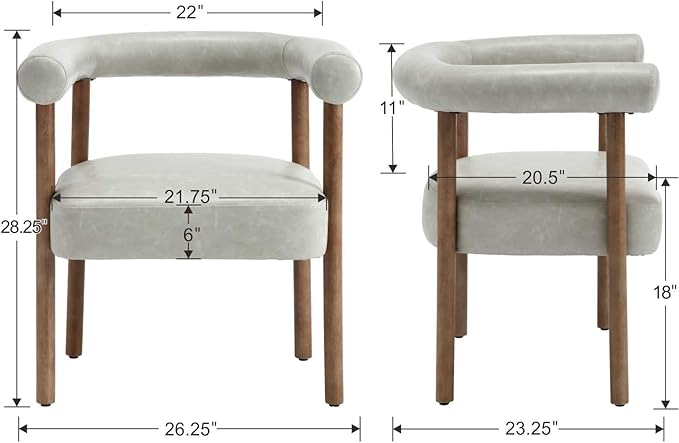 Mid-Century Modern Dining Chairs Set of 2, Armrest Barrel Dining Chairs Side Accent Chairs with Curved Back, Upholstered Wood Armchairs for Kitchen, PU Leather Grey