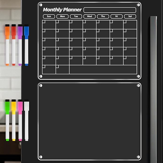 FINDMAG Acrylic Magnetic Dry Erase Board Calendar for Refrigerator, Magnetic Whiteboard for Fridge, 16"x12" Monthly Magnet Calendar for Refrigerator with 8 Colorful Highlight Markers