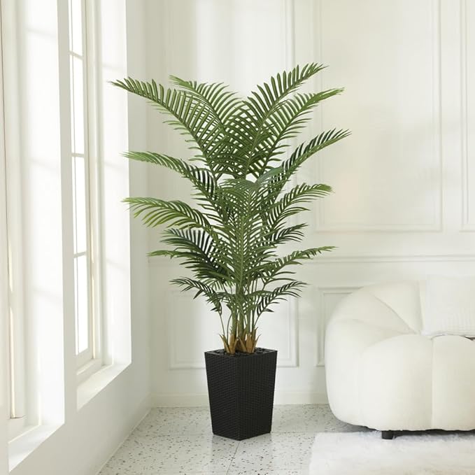 6FT Artificial Palm Tree - Tall Fake Tree with Black Taper Planter & Pebbles, UV Resistant for Indoor & Outdoor Decor - Large Potted Faux Plant for Living Room, Office, Home Decor,VN130