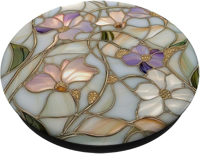 Stained Glass Floral Print with Purple Flowers PopSockets PopWallet for MagSafe