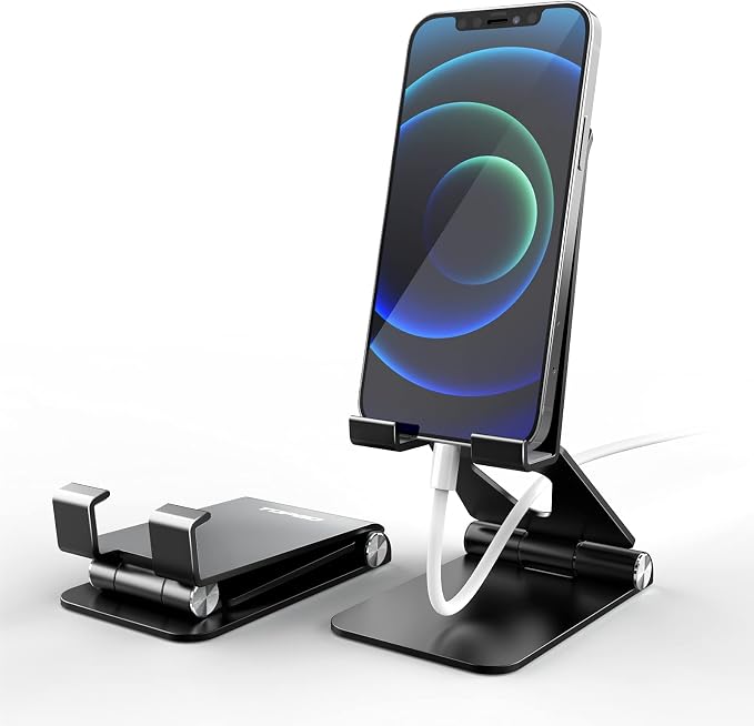 Cell Phone Stand [Stable &amp Height Adjustable] Foldable Cellphone Holder for Desk Office Desktop Bedside Table Compatible with iPhone 14/Smartphones/iPad Mini (Black)