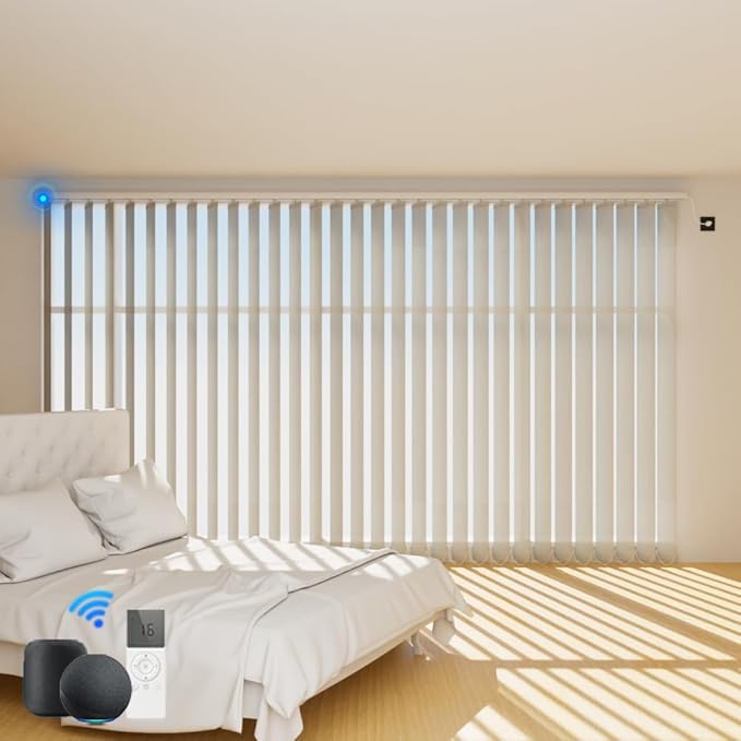 Blindify Motorized Vertical Blinds Compatible with Alexa Google Home, Light Filtering Sliding Door Shades Smart Vertical Blinds Remote Control Customize, Pure Beige