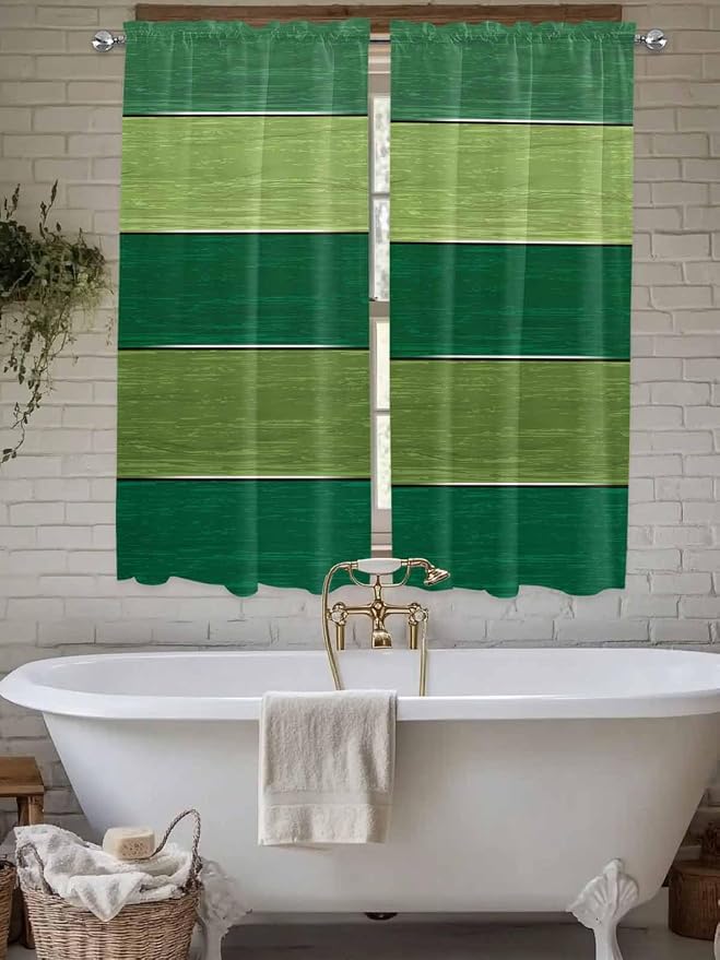 Farm Retro Green Wood Grain Window Valance Curtains, Rustic Wooden Plank