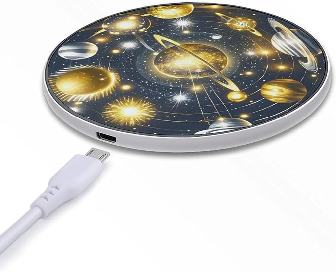 Gold and Silver Space Themed Wireless Charger Aluminum Alloy Frame 10W Fast Charging Pad with Indicator Light 6mm Thin &amp Portable Wireless Charging Pad for Travel Home Office Desk
