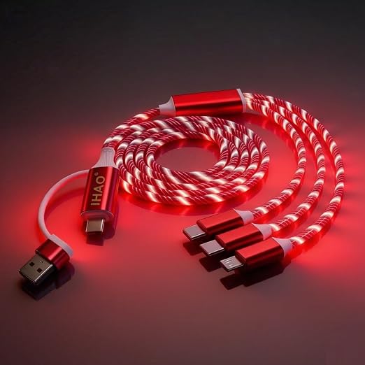 IHAO Multi Ports Light-Up USB Cable USBA to USBC/MicroUSB Cable Durable Fast Charging Cable with Visible Current Flow As Night Light Use-3in1 Blue