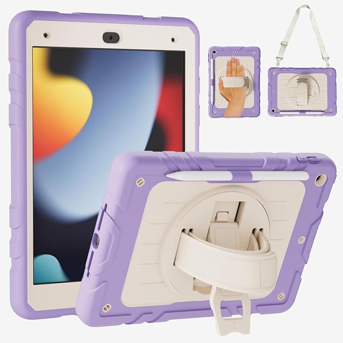 Case for iPad 9th/8th/7th Generation10.2 Shockproof 360 Rotating Stand Shoulder Hand Strap with Pencil Holder for iPad 10.2 inch 2021/2020/2019 Case (Black)