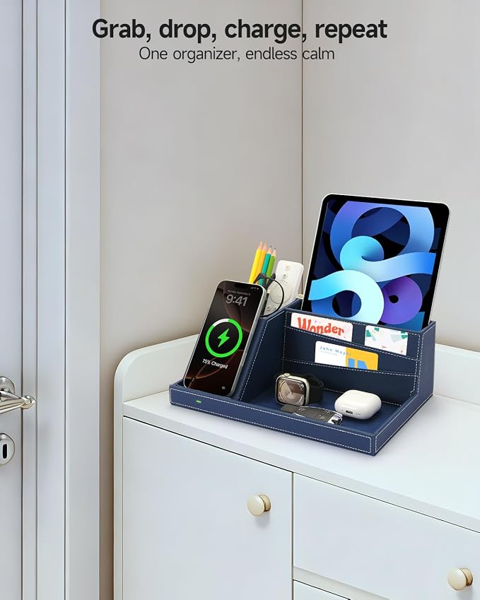 Fast Wireless Charging Station with Desk Organizer for iPhone 17/16/15/15 Pro/14/14 Pro Max/14 Pro/14 Plus/13/13 Pro Max/13 Pro/and iPhone 12/11 Series Nightstand Desktop Organizer for Home Office