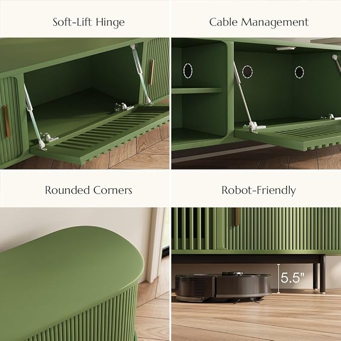 POVISON Fully-Assembled Modern Green TV Stand with Tambour Doors, Fluted TV Media Console for 65 Inch TVs, Sliding Door Entertainment Center with Storage for Living Room (Green, 70.87")
