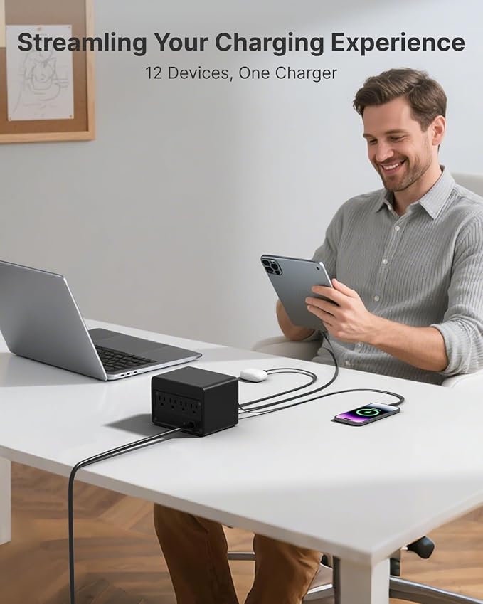 Gitryin 4 Lightning Retractable Wall Chargers with 2 USB A Ports and 1 Power Strip 12-in-1 Modular Charging Station