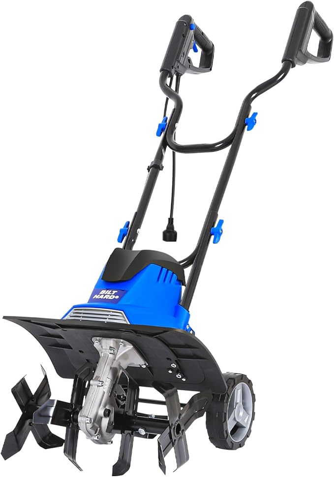 BILT HARD Electric Tiller Cultivator 14 inch, 10 Amp 4 Steel Tines Corded Tiller for Gardening with Foldable Handle, Portable Garden Rototiller with Adjustable Wheels