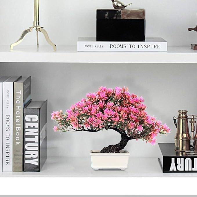 Artificial Bonsai Tree - Fake Plants for Home Decor, Bookshelf Coffee Table Office Desk Bathroom Farmhouse Indoor Decor, 9.5" Tall, Pink
