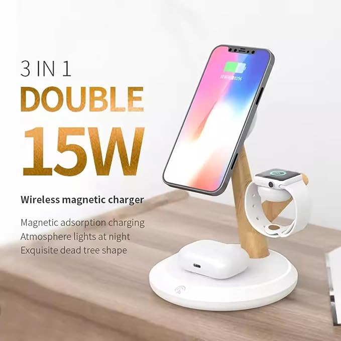 3 in 1 Wireless Charger Stand Desktop Charging Station - 15W Magnetically Attached Charging Pad Automatic Induction Identification Charging with Qi-CertifiedA