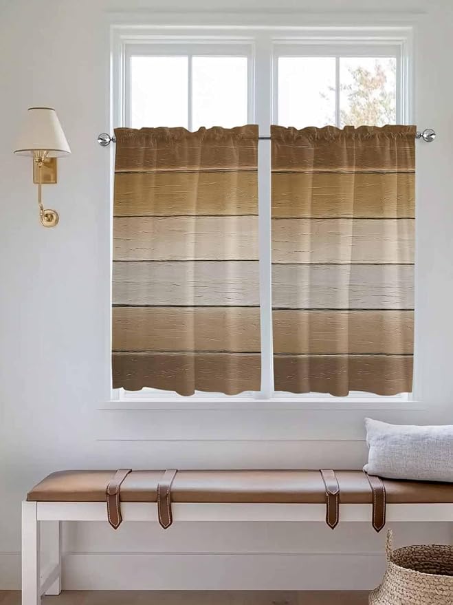 Vintage Brown Gradient Wood Grain Window Valance Curtains, Farmhouse Wood Barn