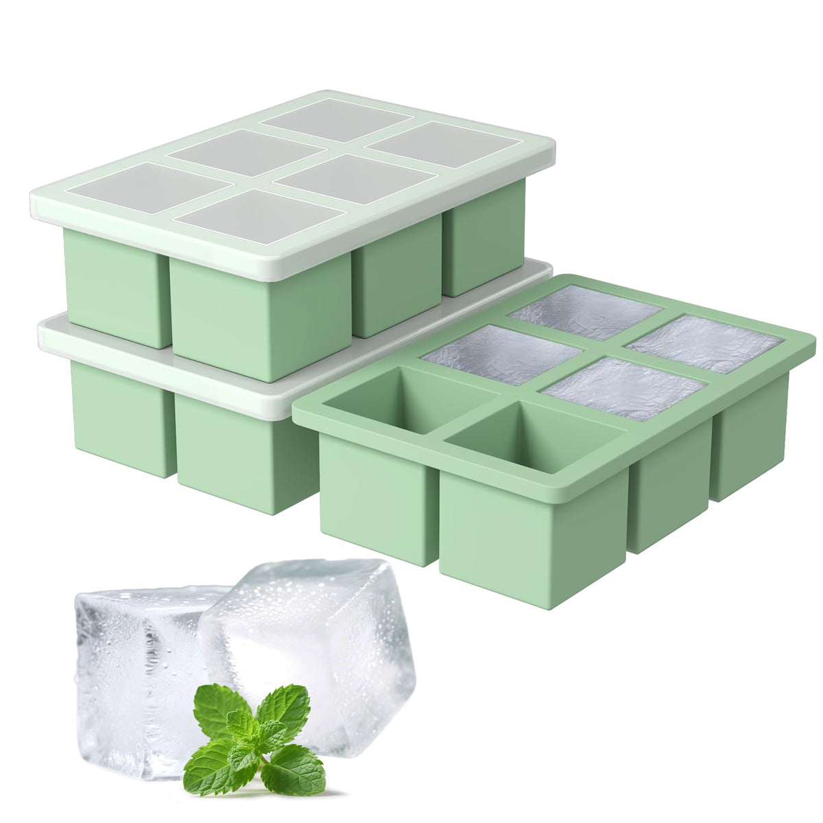 Large Silicone Ice Cube Tray 3Pack, SAWNZC Big Square Ice Cube Molds for Whisky Cocktail, Ice Maker Tray with Lid for Freezer, Easy Release (3, Mint Green)