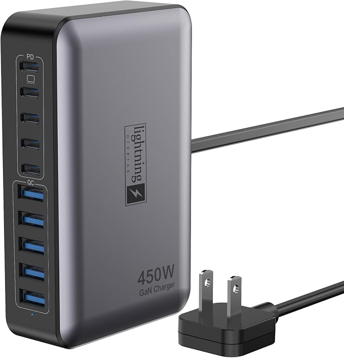 8-Port Multi Charging Stations 200W with Flat Plug Braided Power Cord and On/Off Switch- USB Charging Hub for iPhone iPad MacBook and More- 65W C Port Power Adapter for Laptops