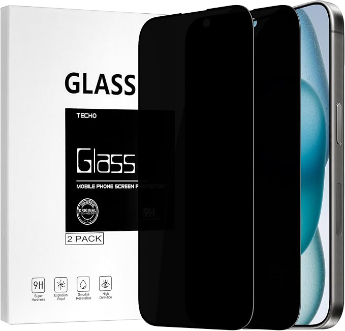TECHO Privacy Screen Protector for iPhone 16 Plus/iPhone 15 Plus Tempered Glass Film Full Coverage Edge to Edge Anti Spy Private 9H Hardness 2 Pack 6.7 Inch