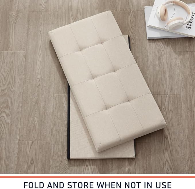 43 Inches Folding Storage Ottoman Bench, Ottoman Foot Rest, Storage Chest, End of Bed Foot Rest Stool with Padded Seat for Living Room, Bedroom, Entryway, Support 660lbs, Linen, Beige