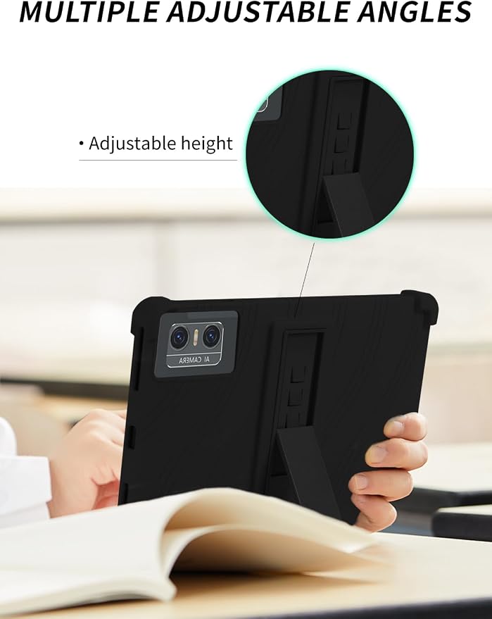 Case for DOMATON D105 Android 14 Tablet 2025 Tablets 10 inch，WUNIAK Shock Proof Lightweight Stand Rubber Shell Protective CoverKids Friendly Soft Silicone Adjustable Stand CoverBlack