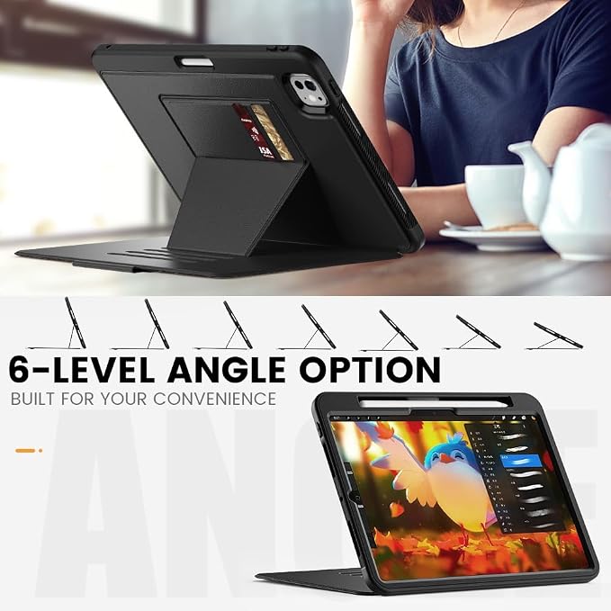 for iPad Pro 11 inch Protective Case M5 2025/M4 2024: Heavy Duty Shockproof Case with Pencil Holder - 360°Rotating Handle/Stand - Screen Protector - Shoulder Strap Black/Sky Blue