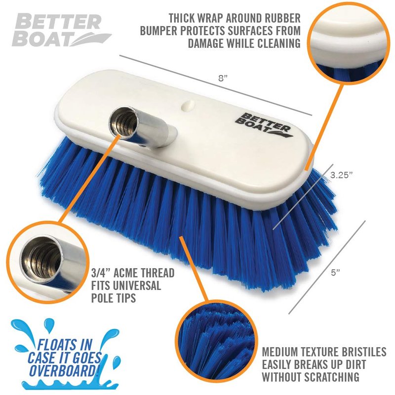 Medium Boat Deck Brush, Heavy-Duty Marine Brush Head, 8" Bristle with Bumper, 3/4" Thread Handle, for RV, Truck, and Auto Cleaning