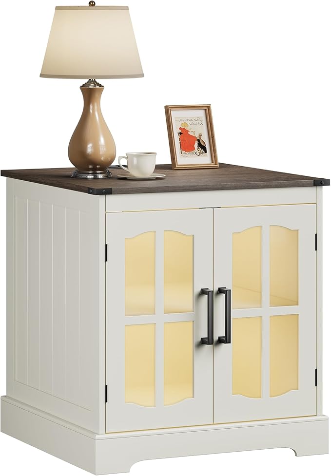 ChooChoo Farmhouse End Table with Charging Station, 24" Large Sofa Side Table with LED, Square Nightstand with Glass Barn Door, Bedside Table with Storage for Living Room, Beige（Cream and Brown