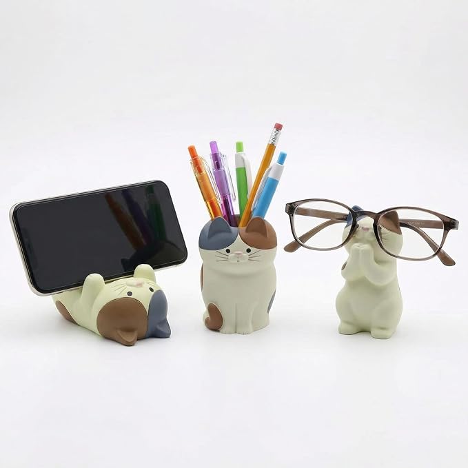 3 PS Cat Shaped Phone Holder and Eyeglass Frame with Pen Holder Animal Resin Gift for cat Enthusiasts Home and Office Fashion Accessories-Brown