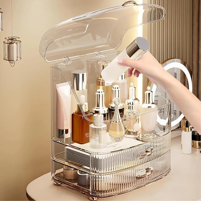 Clear Makeup Organizer Countertop with Drawers and Lid, Dustproof Organizers and Storage for Bathroom Vanity, Ideal for Cosmetic, Beauty Supplies -White