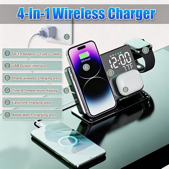 IHAO 3in1 Multifunctional Foldable Wireless Charging Station with LED Ambient Night Light Fast QC3.0 Charger for Phone iWatch Headphone Space-Saving Auto-Shutoff &amp Overcharge Protection-Black