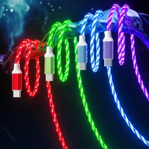 IHAO Multi Ports Light-Up USB Cable USBA to USBC/MicroUSB Cable Durable Fast Charging Cable with Visible Current Flow As Night Light Use-3in1 Blue